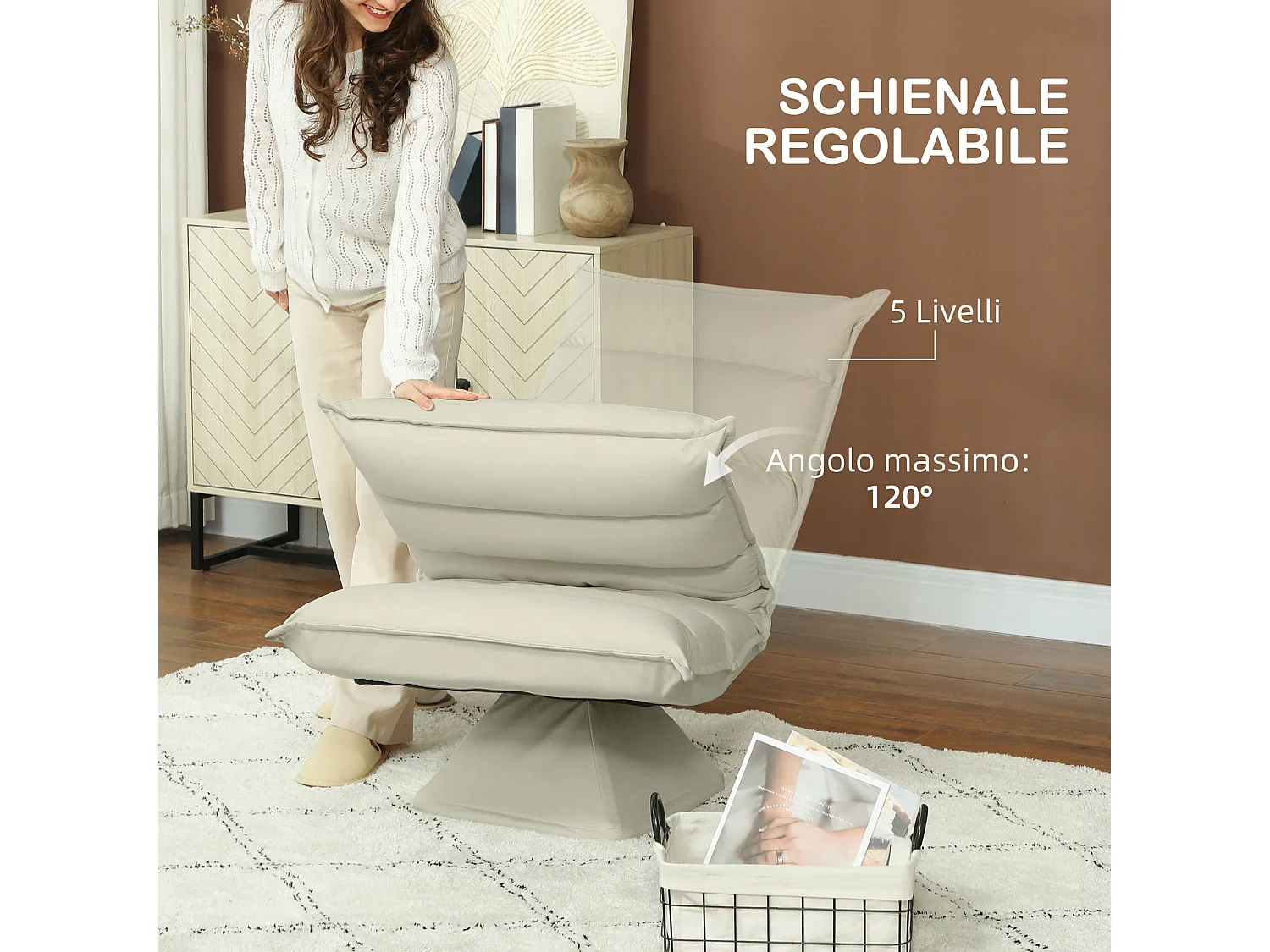 Poltrona in tessuto reclinabile a 3 livelli e girevole a 360°