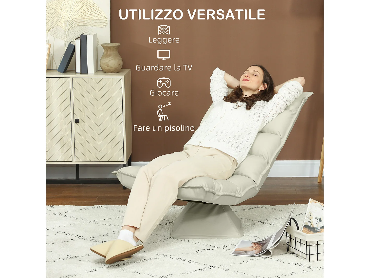 Poltrona in tessuto reclinabile a 3 livelli e girevole a 360°