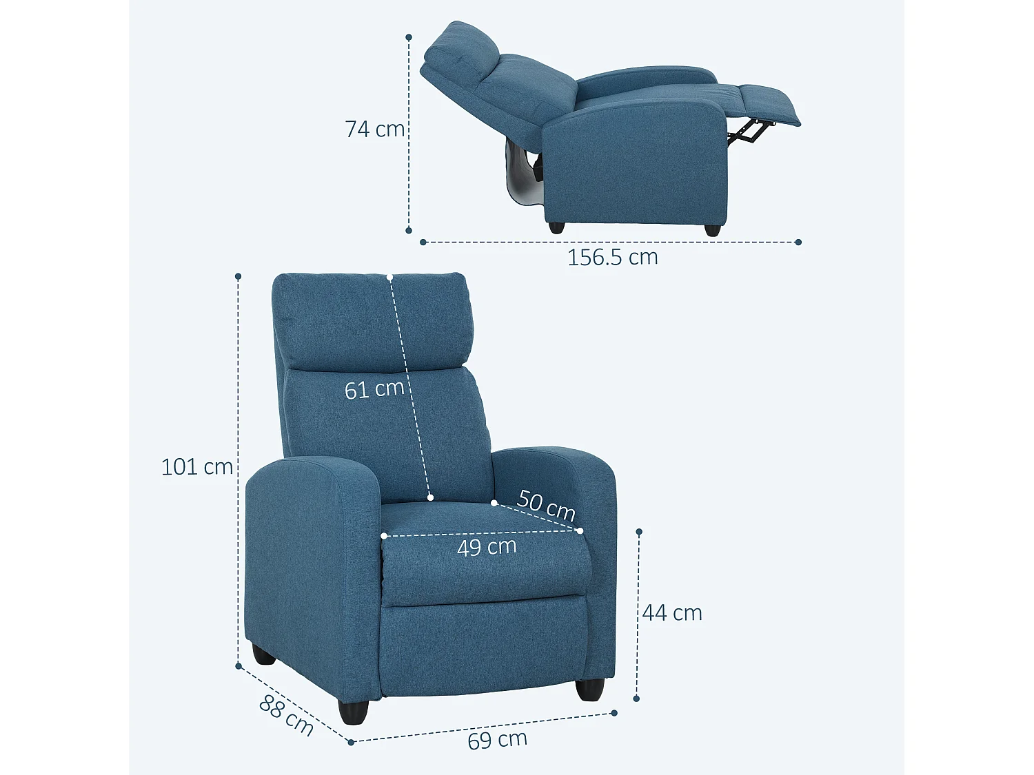 Poltrona relax reclinabile manualmente con poggiapiedi in tessuto blu