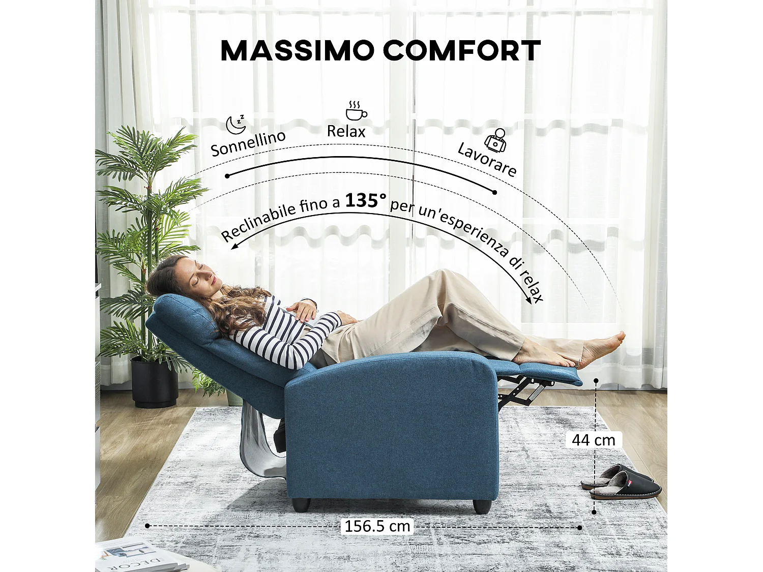 Poltrona relax reclinabile manualmente con poggiapiedi in tessuto blu