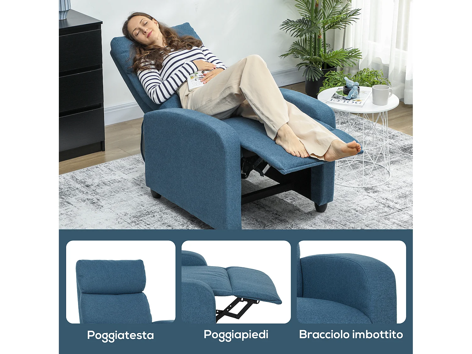 Poltrona relax reclinabile manualmente con poggiapiedi in tessuto blu
