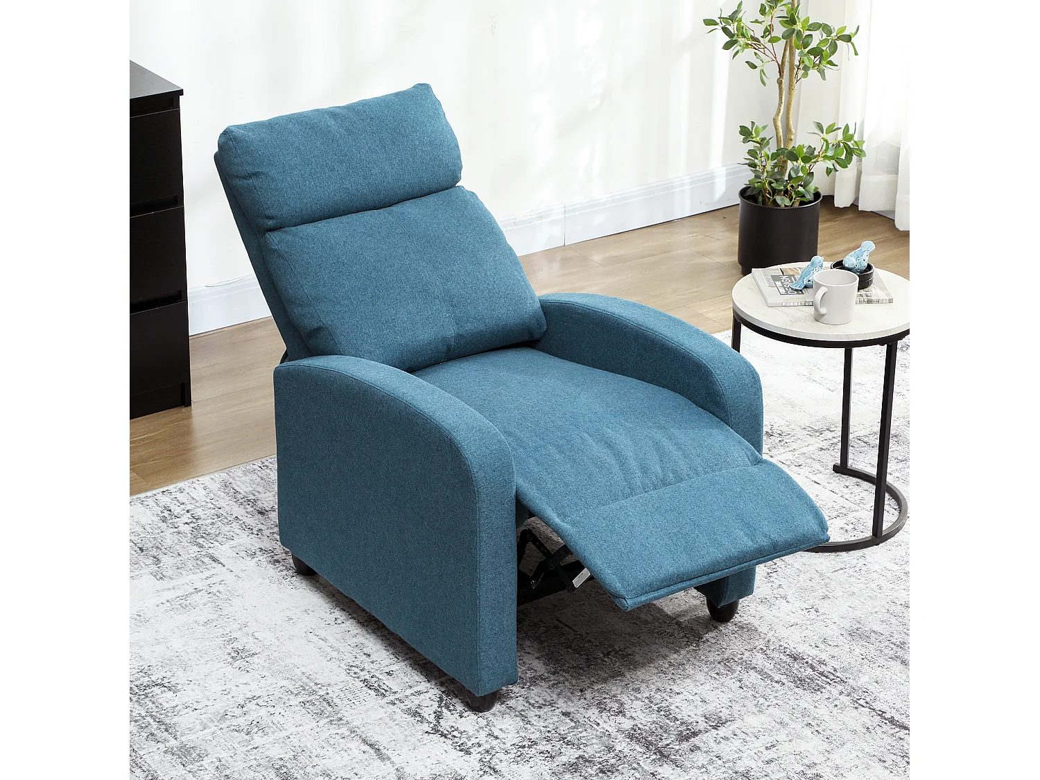 Poltrona relax reclinabile manualmente con poggiapiedi in tessuto blu