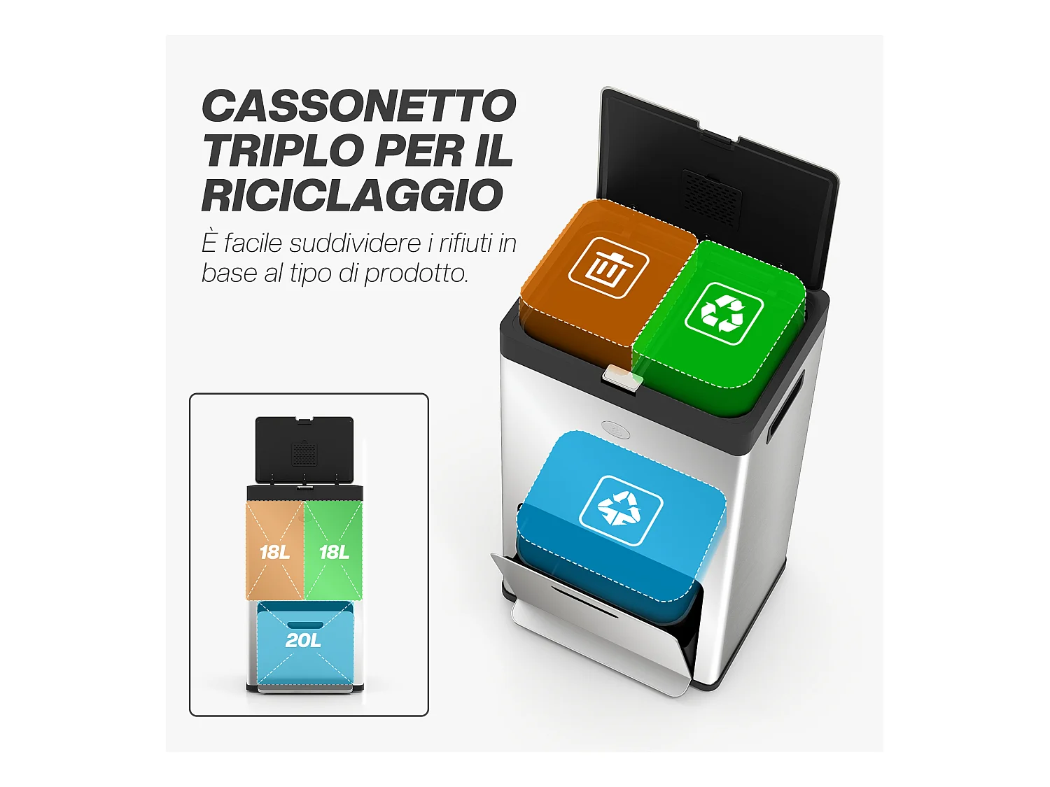 Bidone immondizia a 3 sezioni da 56l 45.7x35.8x76 cm argento