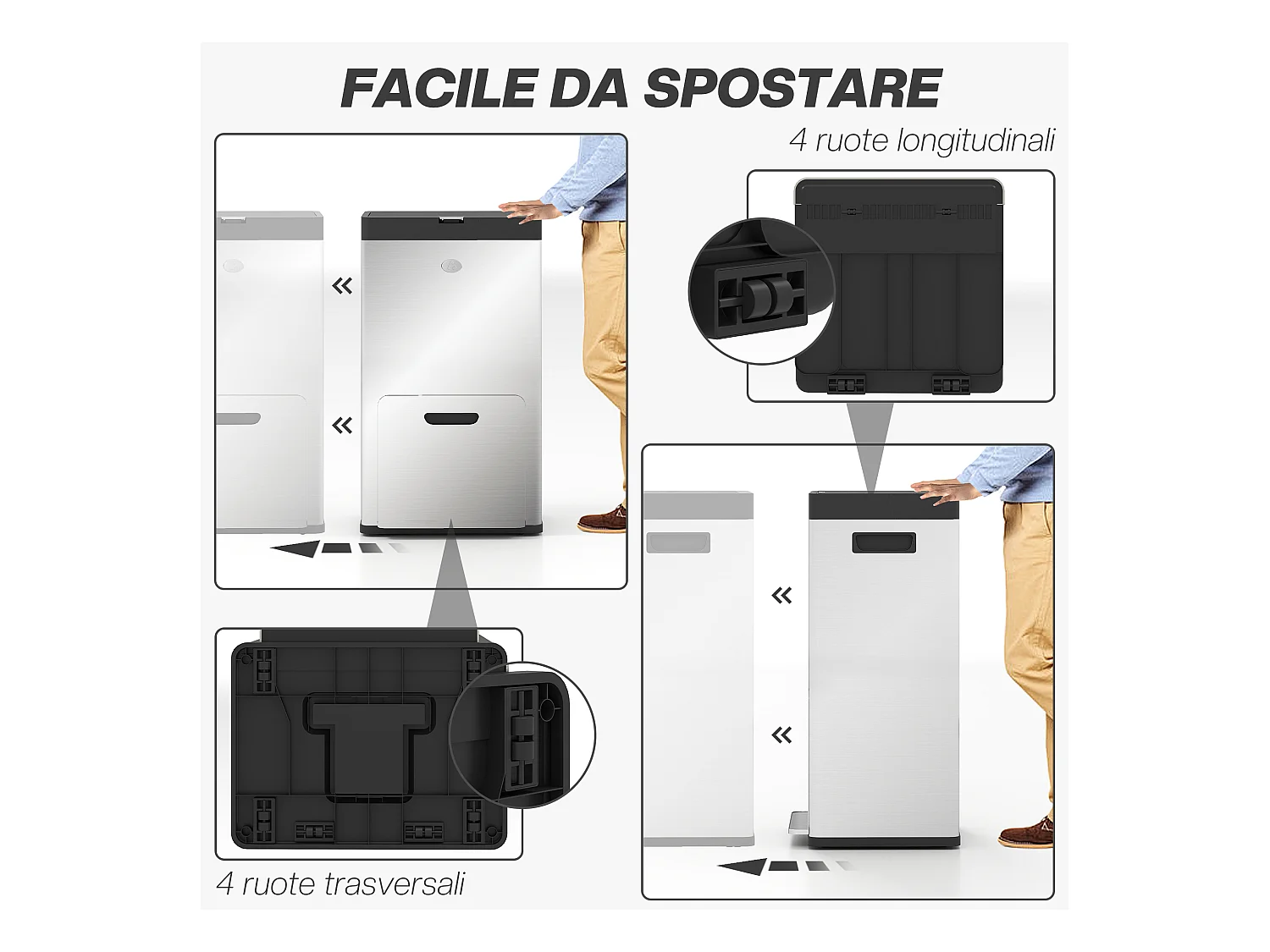 Bidone immondizia a 3 sezioni da 56l 45.7x35.8x76 cm argento