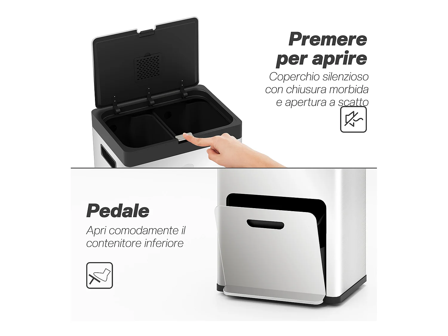 Bidone immondizia a 3 sezioni da 56l 45.7x35.8x76 cm argento