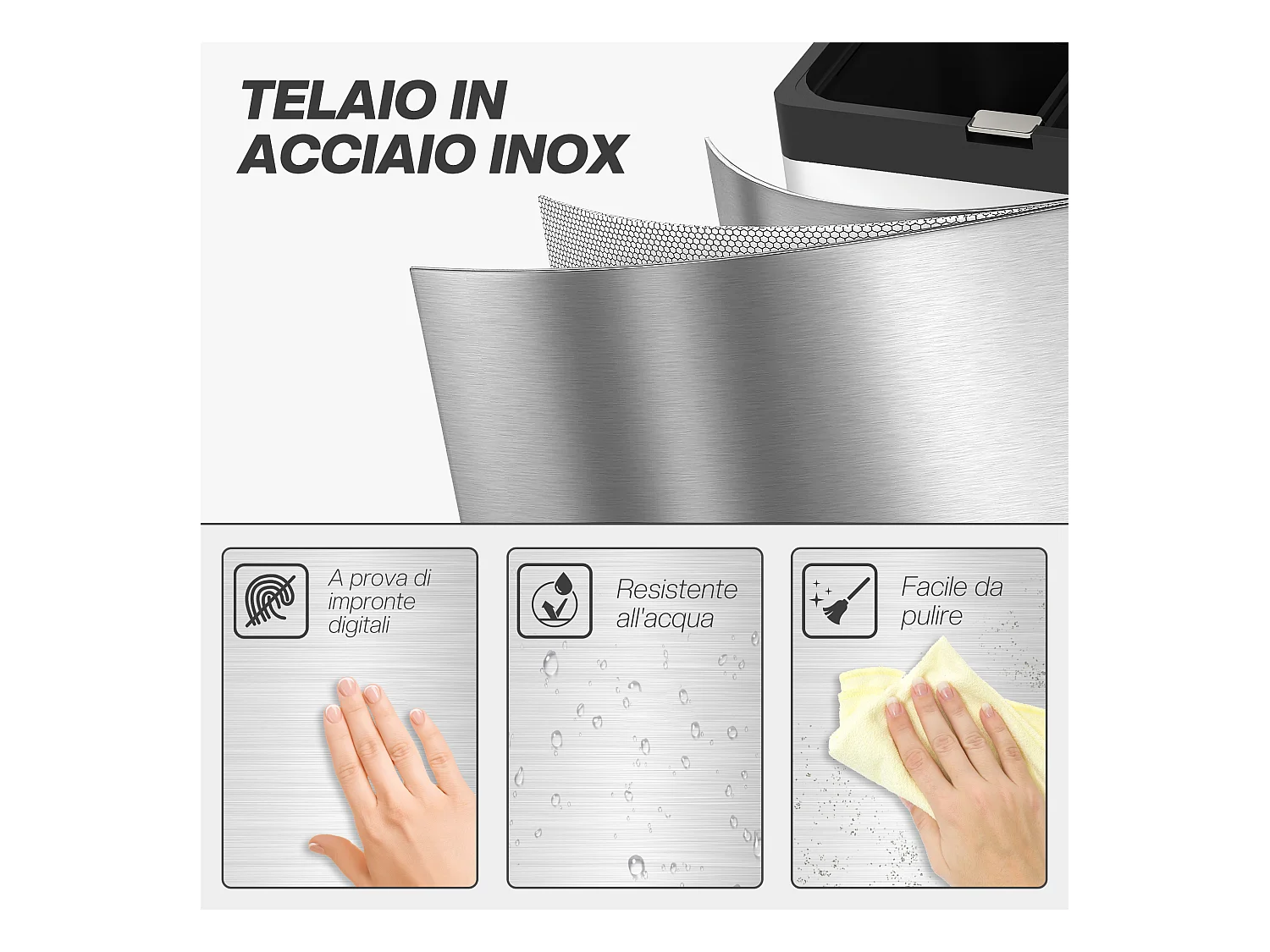 Bidone immondizia a 3 sezioni da 56l 45.7x35.8x76 cm argento