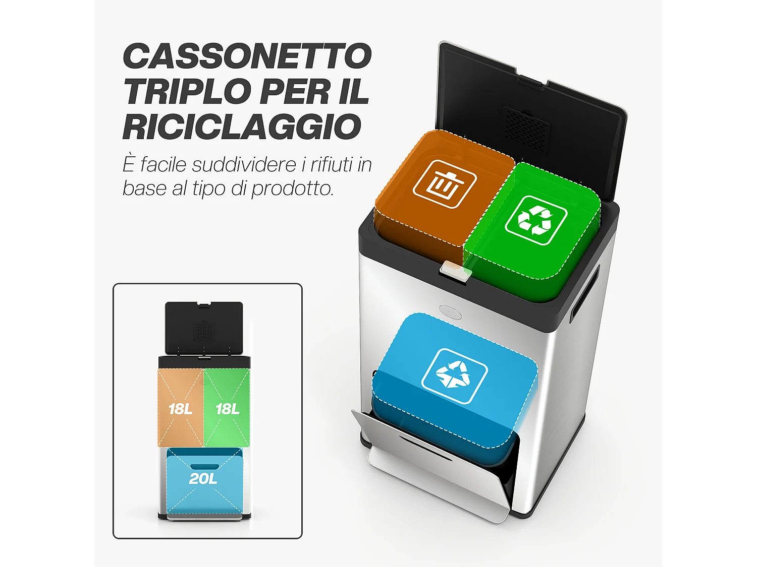 Bidone immondizia a 3 sezioni da 56l 45.7x35.8x76 cm argento