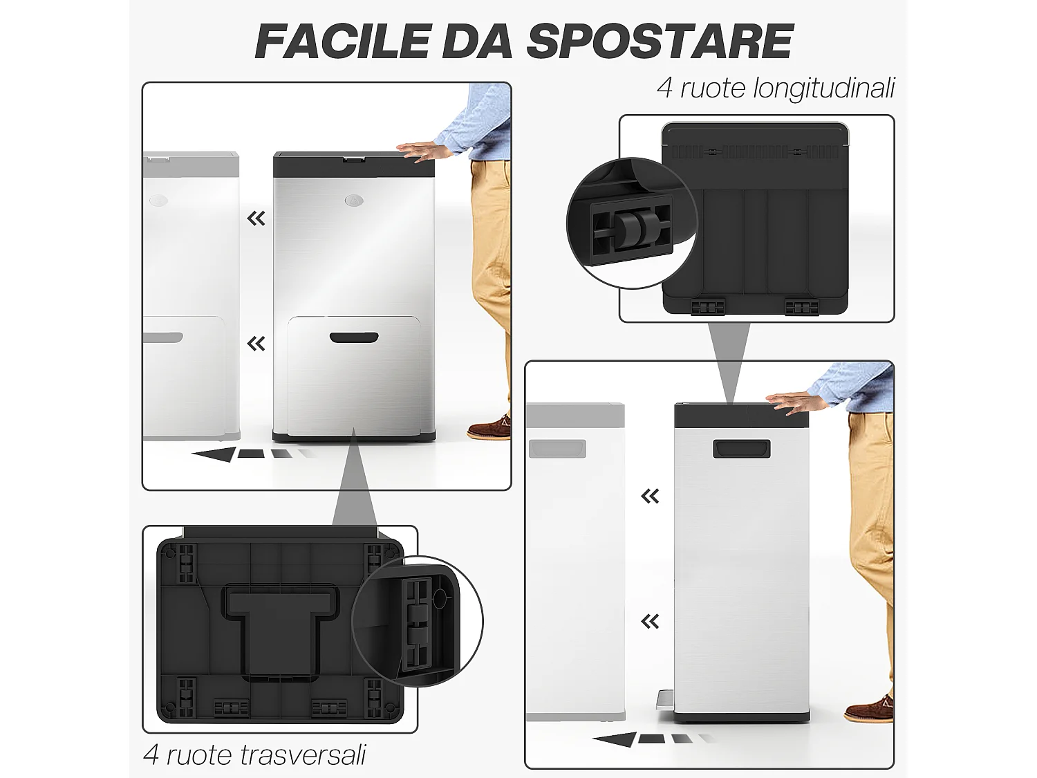 Bidone immondizia a 3 sezioni da 56l 45.7x35.8x76 cm argento