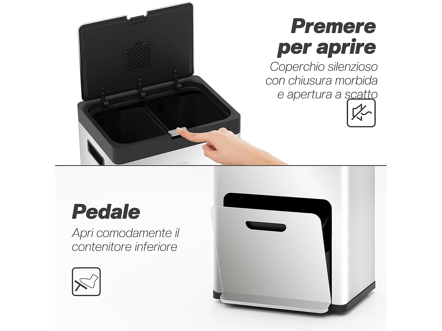 Bidone immondizia a 3 sezioni da 56l 45.7x35.8x76 cm argento