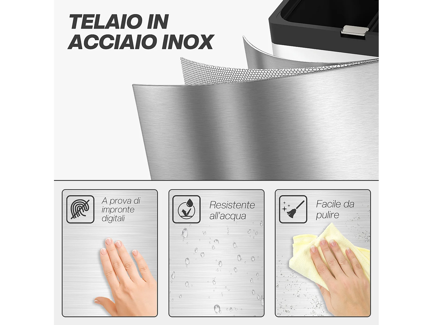 Bidone immondizia a 3 sezioni da 56l 45.7x35.8x76 cm argento