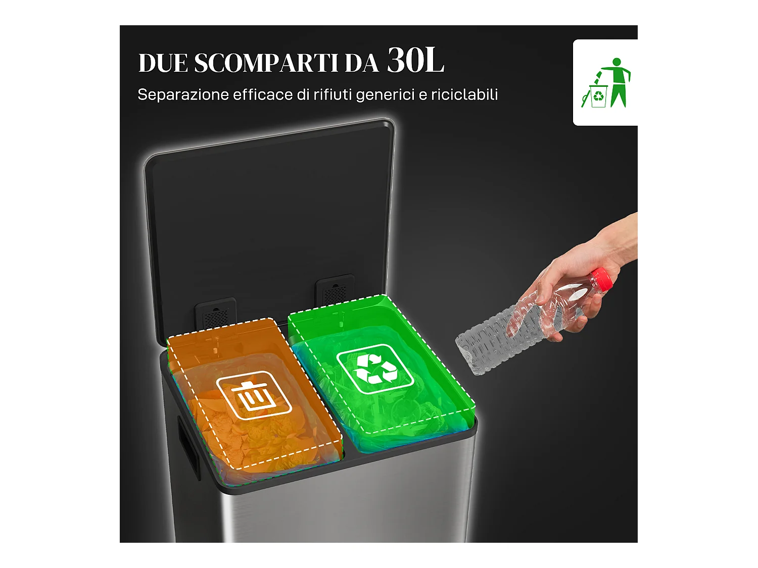 Bidone immondizia a 2 sezioni da 30l in acciaio e pp 47.7x37.5x66.8 cm