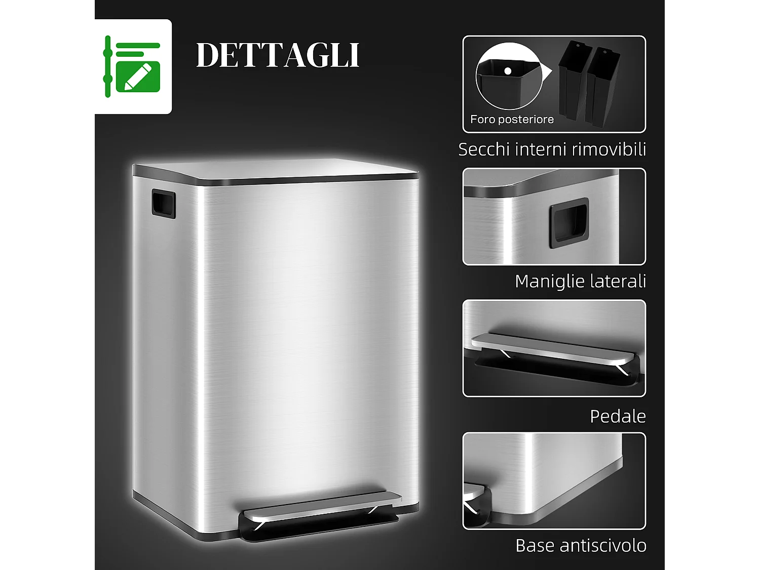 Bidone immondizia a 2 sezioni da 30l in acciaio e pp 47.7x37.5x66.8 cm