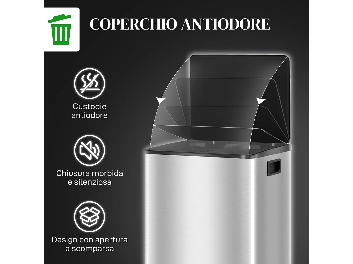 Bidone immondizia a 2 sezioni da 30l in acciaio e pp 47.7x37.5x66.8 cm