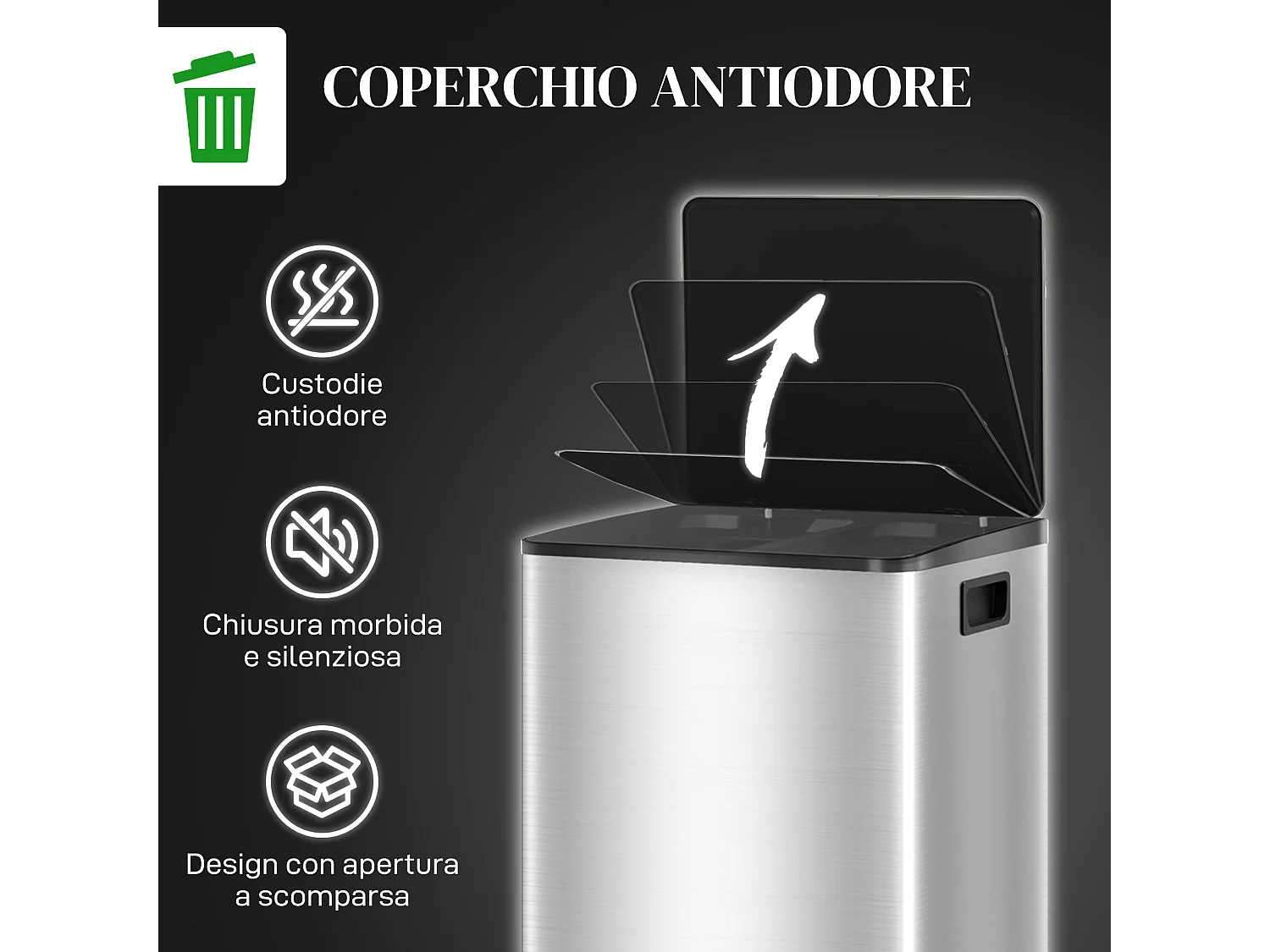 Bidone immondizia a 2 sezioni da 20l in acciaio e pp 41.8x36.7x58 cm