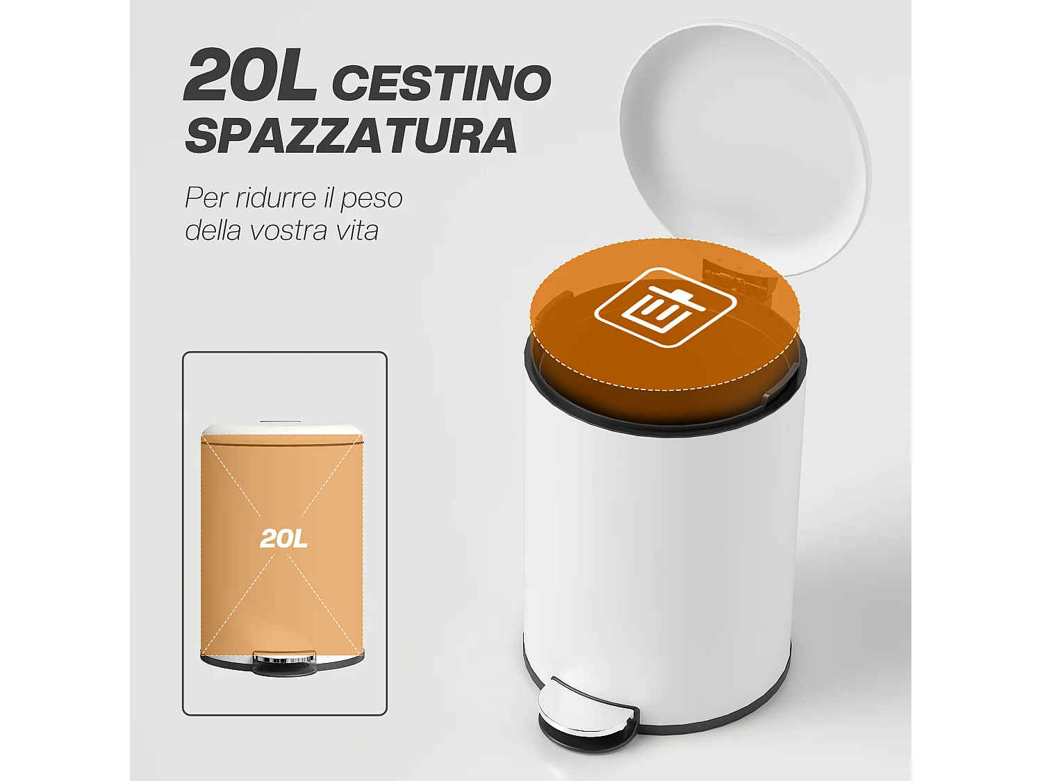 Bidone immondizia a pedale da 20l in metallo e pp 36x30x44.5 cm crema