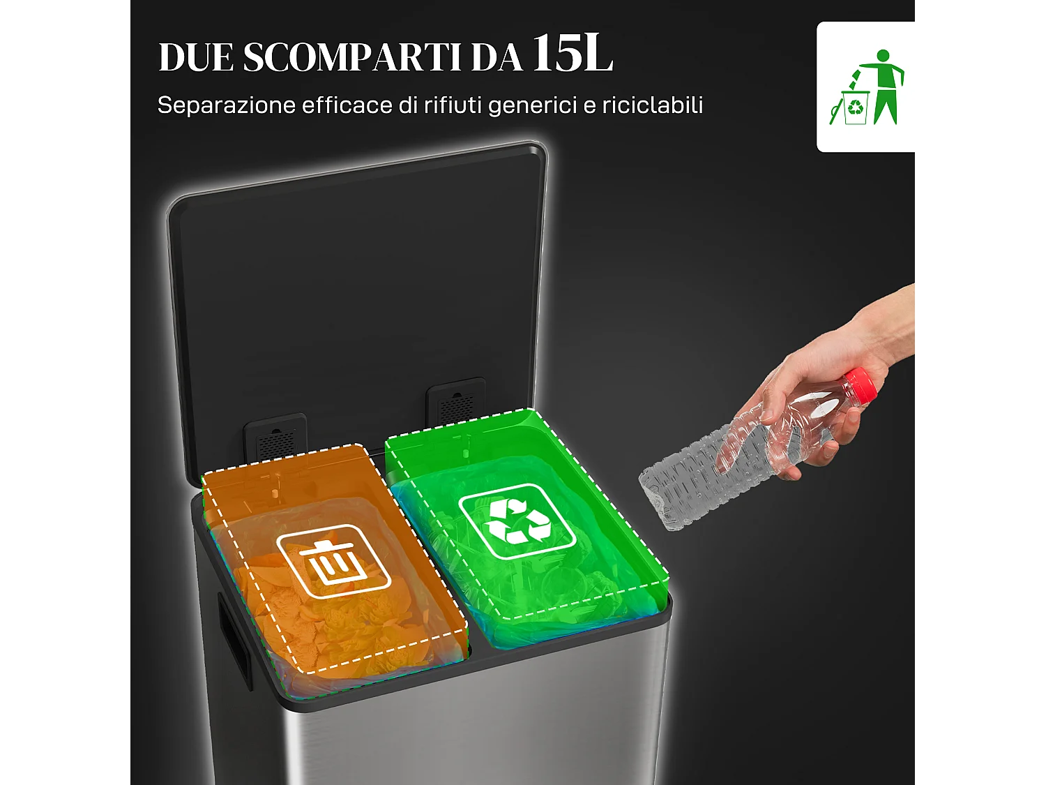 Bidone immondizia a 2 sezioni da 15l in acciaio e pp 41.8x36.7x44 cm
