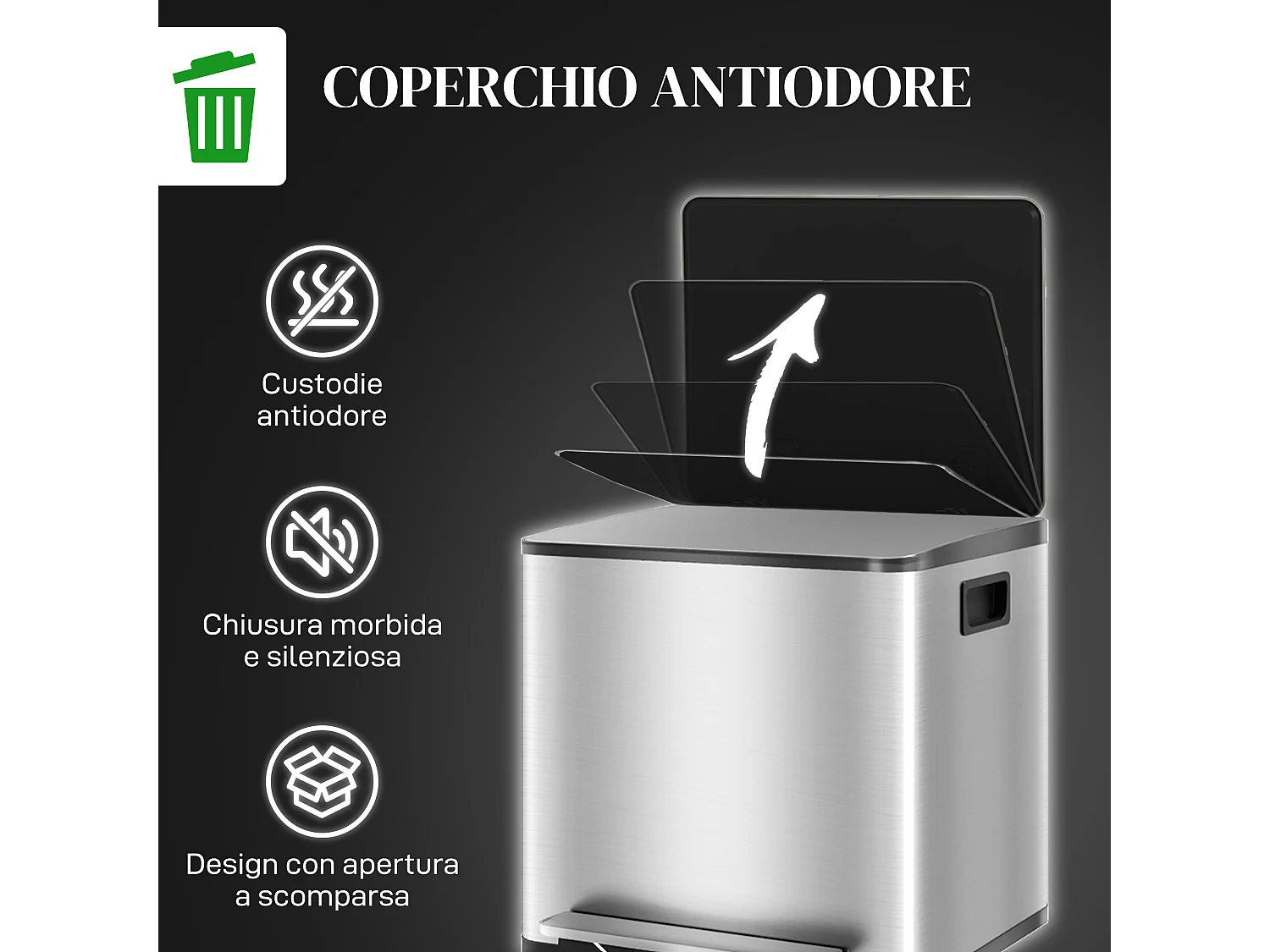 Bidone immondizia a 2 sezioni da 15l in acciaio e pp 41.8x36.7x44 cm