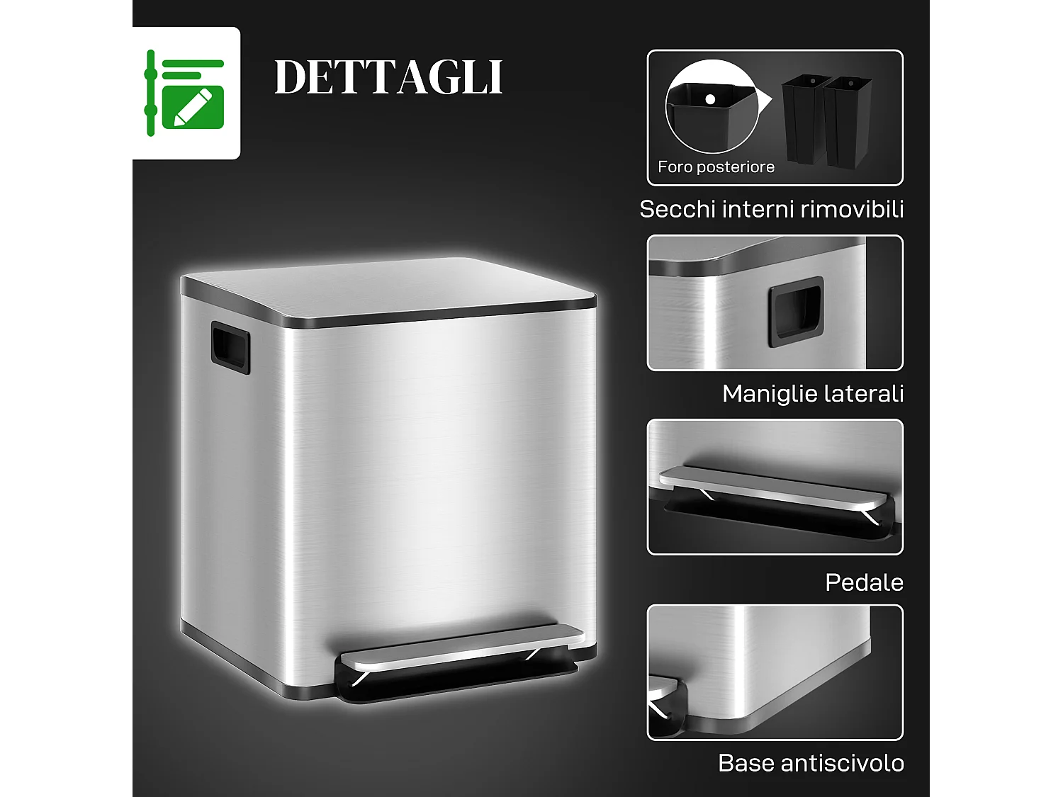 Bidone immondizia a 2 sezioni da 15l in acciaio e pp 41.8x36.7x44 cm