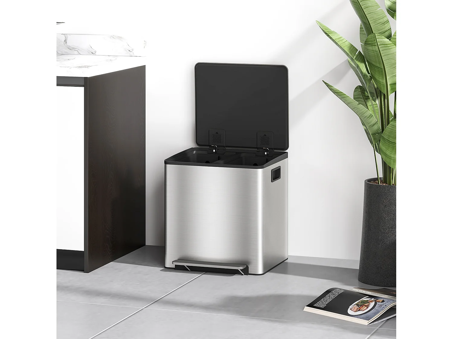 Bidone immondizia a 2 sezioni da 15l in acciaio e pp 41.8x36.7x44 cm