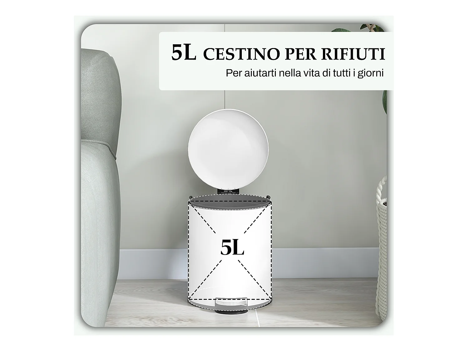 Bidone immondizia a pedale da 5l in metallo e pp 26.5x21x28 cm crema