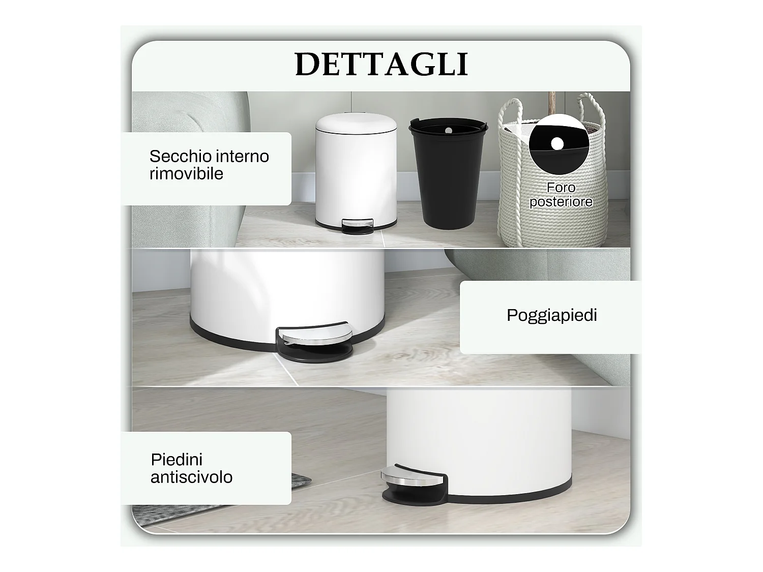 Bidone immondizia a pedale da 5l in metallo e pp 26.5x21x28 cm crema