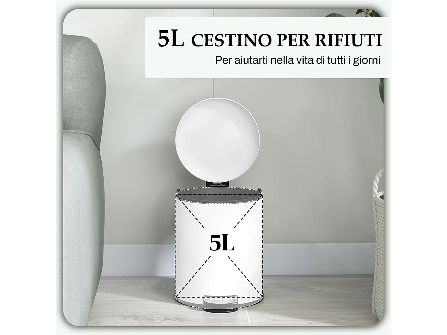 Bidone immondizia a pedale da 5l in metallo e pp 26.5x21x28 cm crema