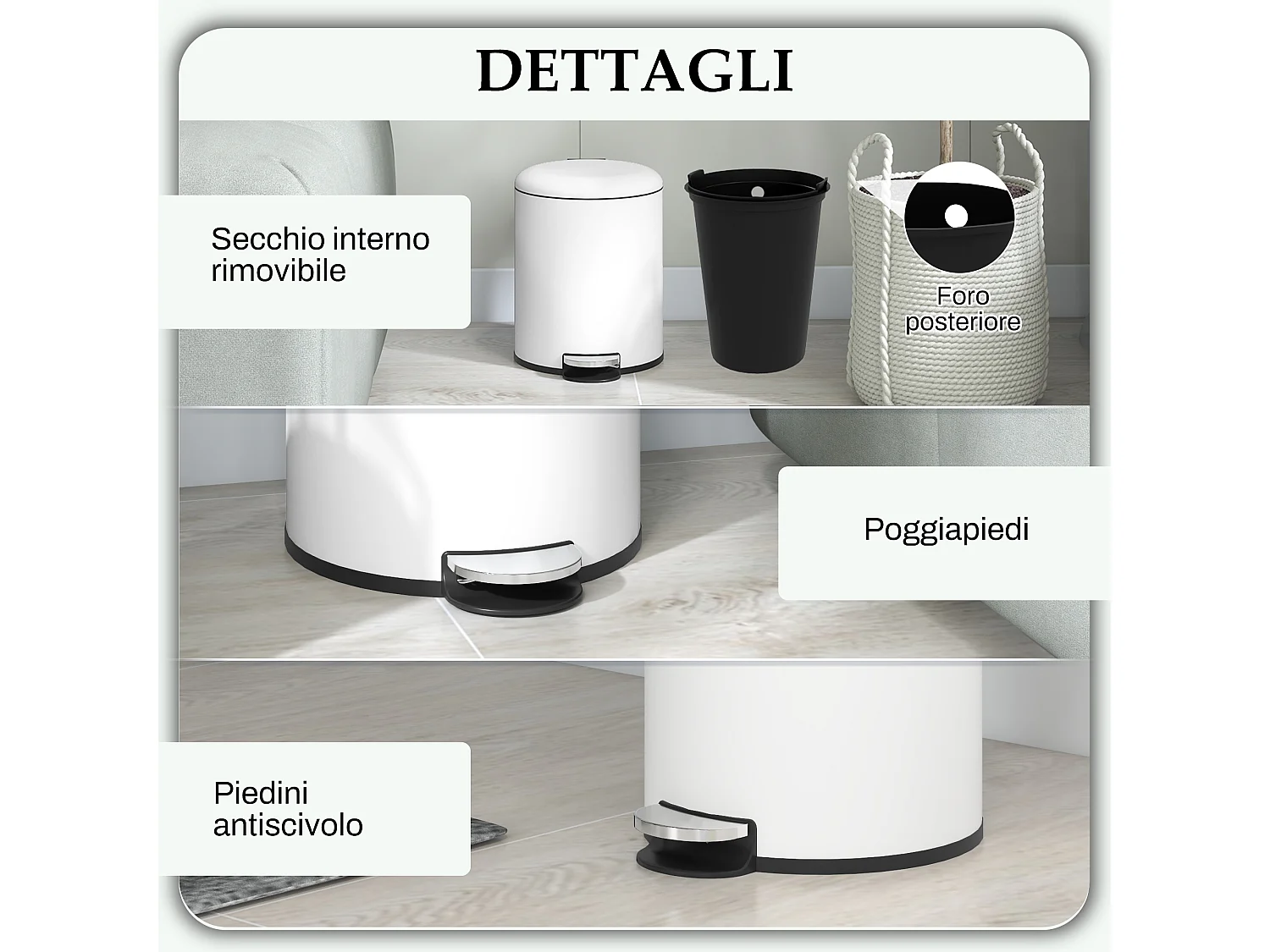 Bidone immondizia a pedale da 5l in metallo e pp 26.5x21x28 cm crema