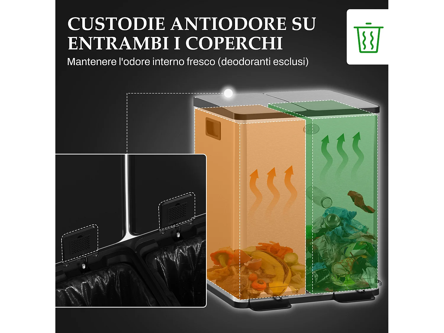 Bidone immondizia a 2 sezioni da 20l in acciaio e pp 45.8x36x51.6 cm