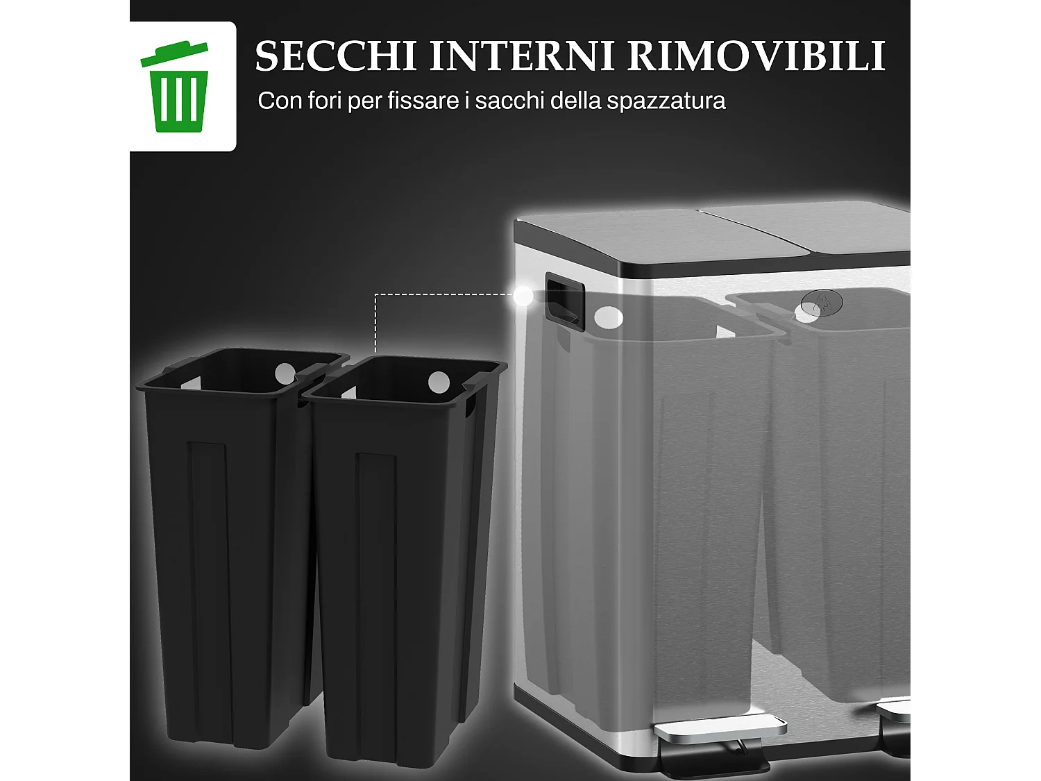 Bidone immondizia a 2 sezioni da 20l in acciaio e pp 45.8x36x51.6 cm