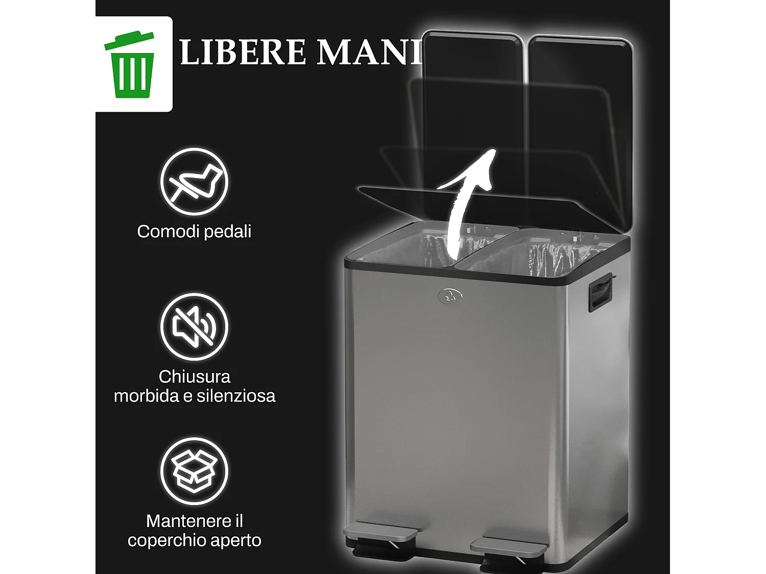 Bidone immondizia a 2 sezioni da 20l in acciaio e pp 45.8x36x51.6 cm