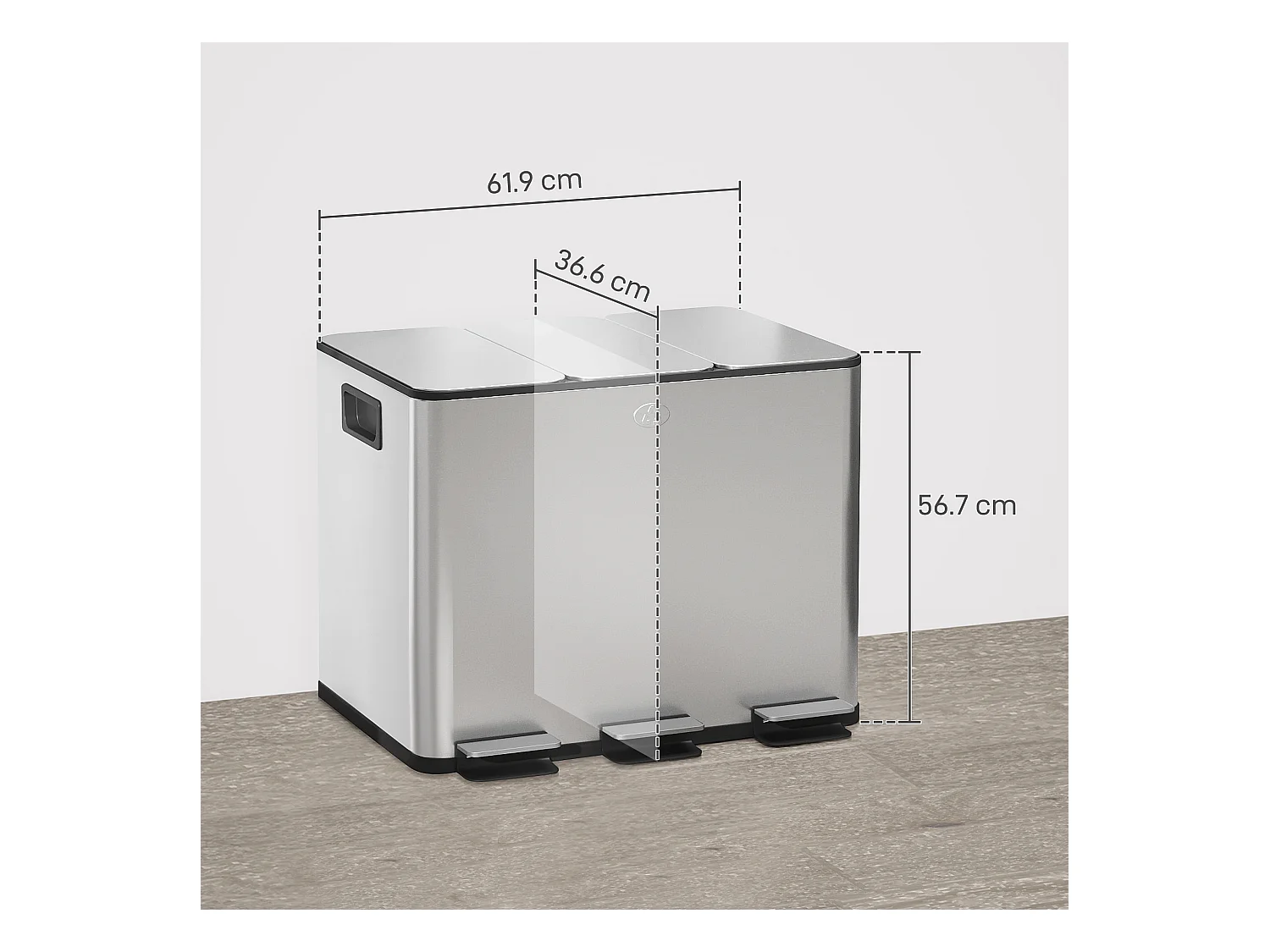 Bidone immondizia a 3 sezioni da 20l in acciaio e pp 61.9x36.6x56.7 cm