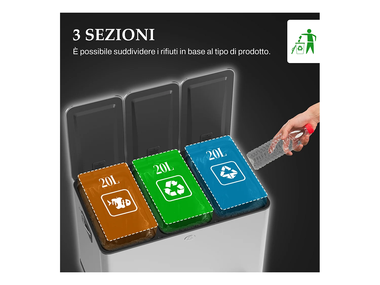 Bidone immondizia a 3 sezioni da 20l in acciaio e pp 61.9x36.6x56.7 cm