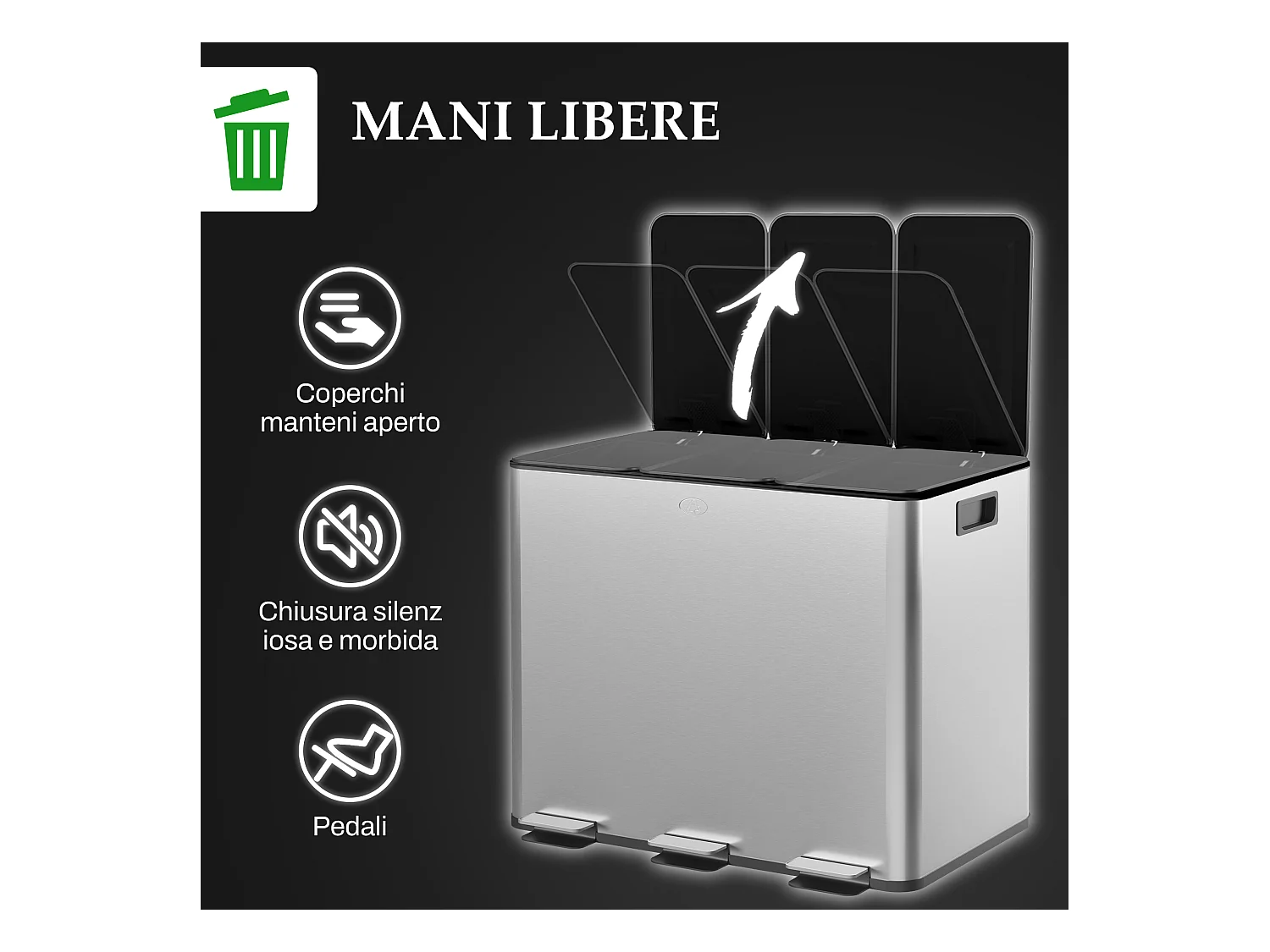 Bidone immondizia a 3 sezioni da 20l in acciaio e pp 61.9x36.6x56.7 cm