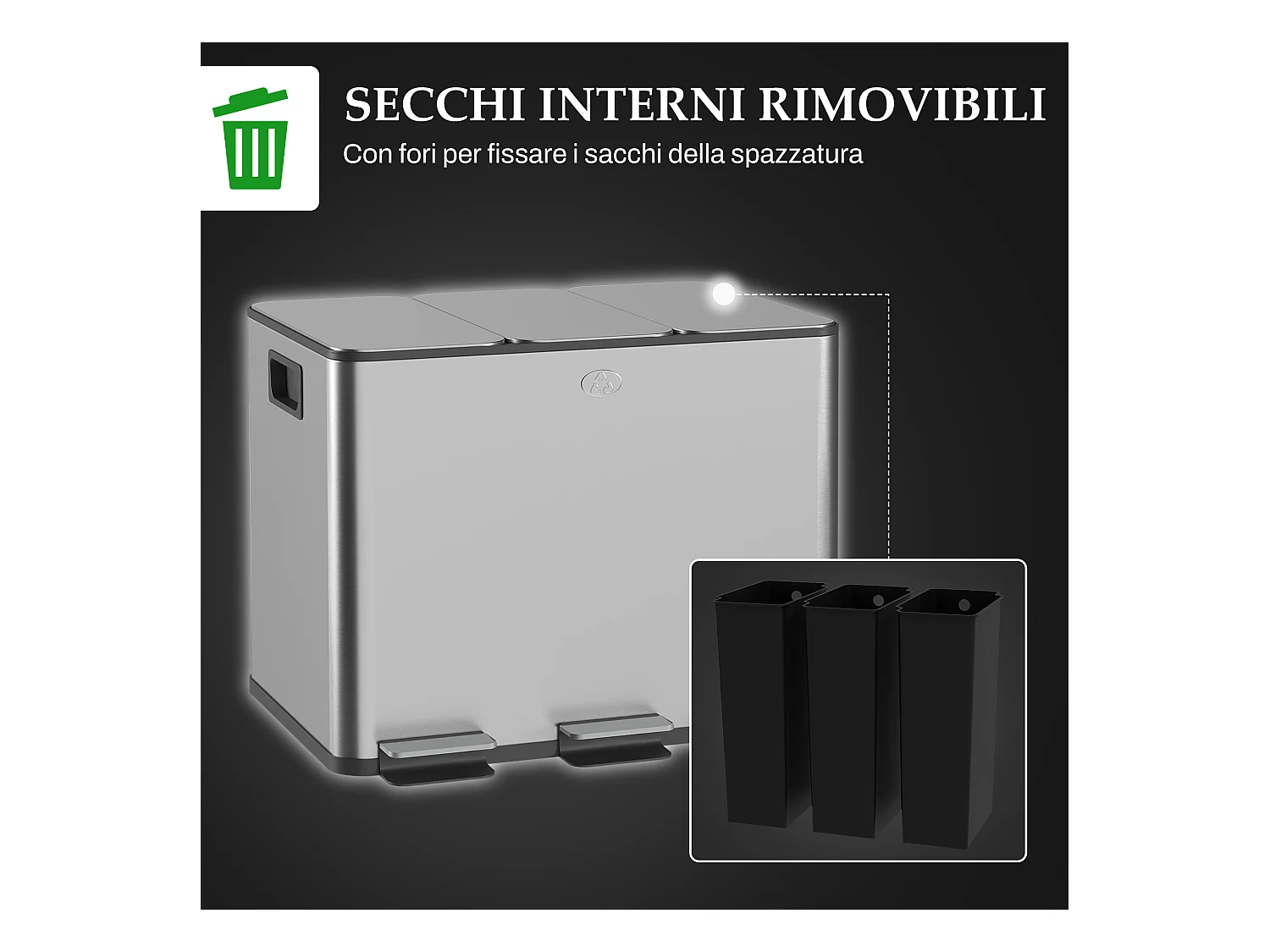 Bidone immondizia a 3 sezioni da 20l in acciaio e pp 61.9x36.6x56.7 cm