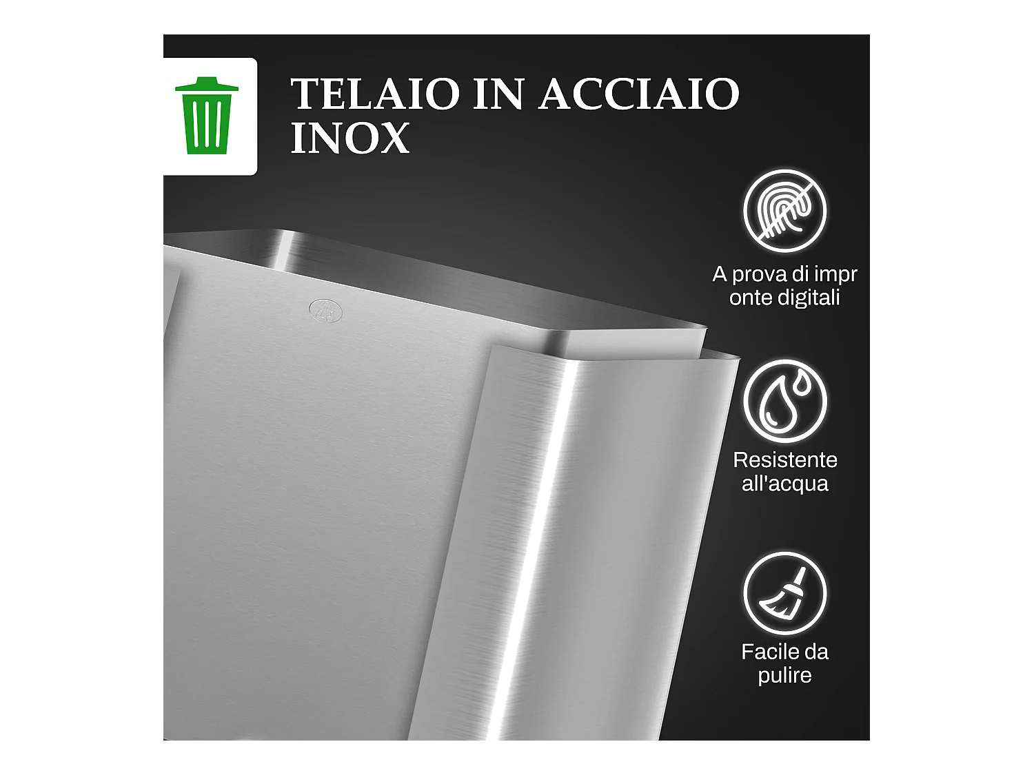 Bidone immondizia a 3 sezioni da 20l in acciaio e pp 61.9x36.6x56.7 cm