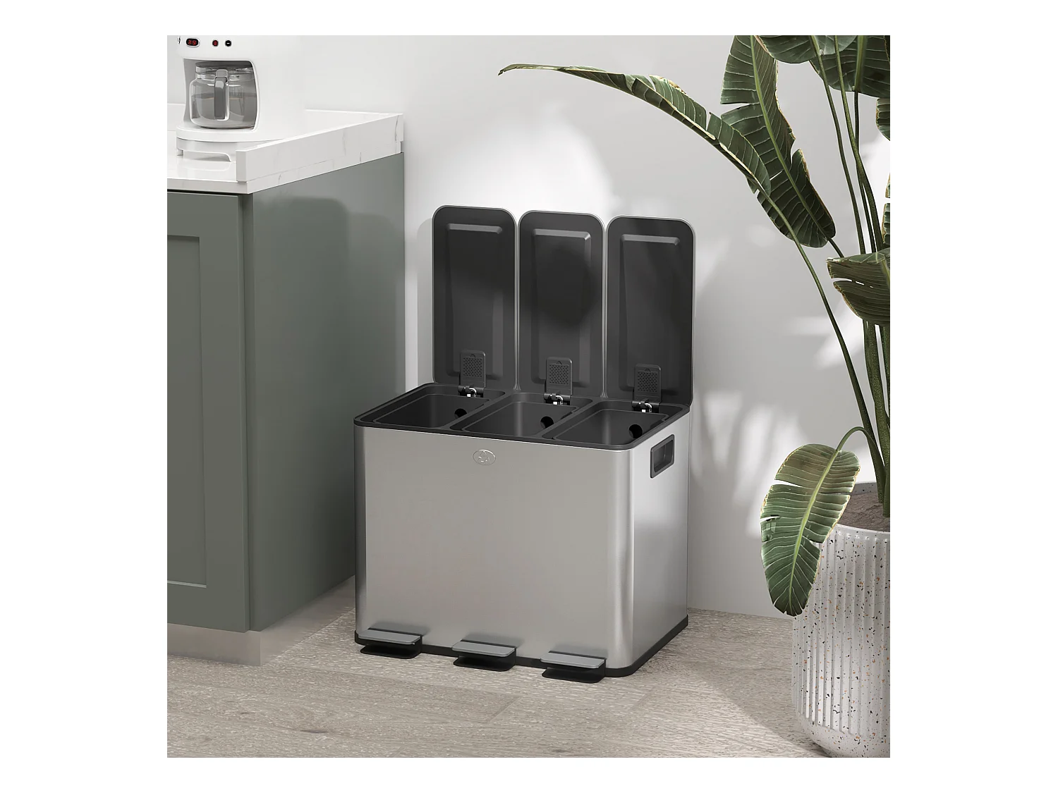 Bidone immondizia a 3 sezioni da 20l in acciaio e pp 61.9x36.6x56.7 cm