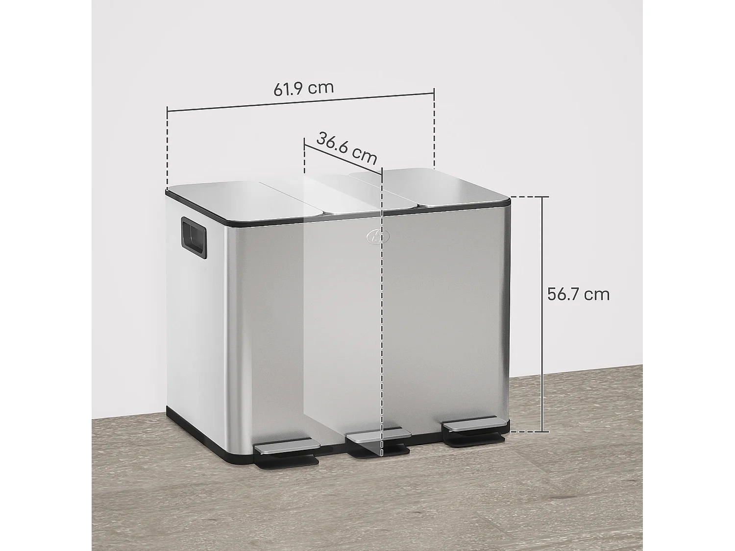 Bidone immondizia a 3 sezioni da 20l in acciaio e pp 61.9x36.6x56.7 cm