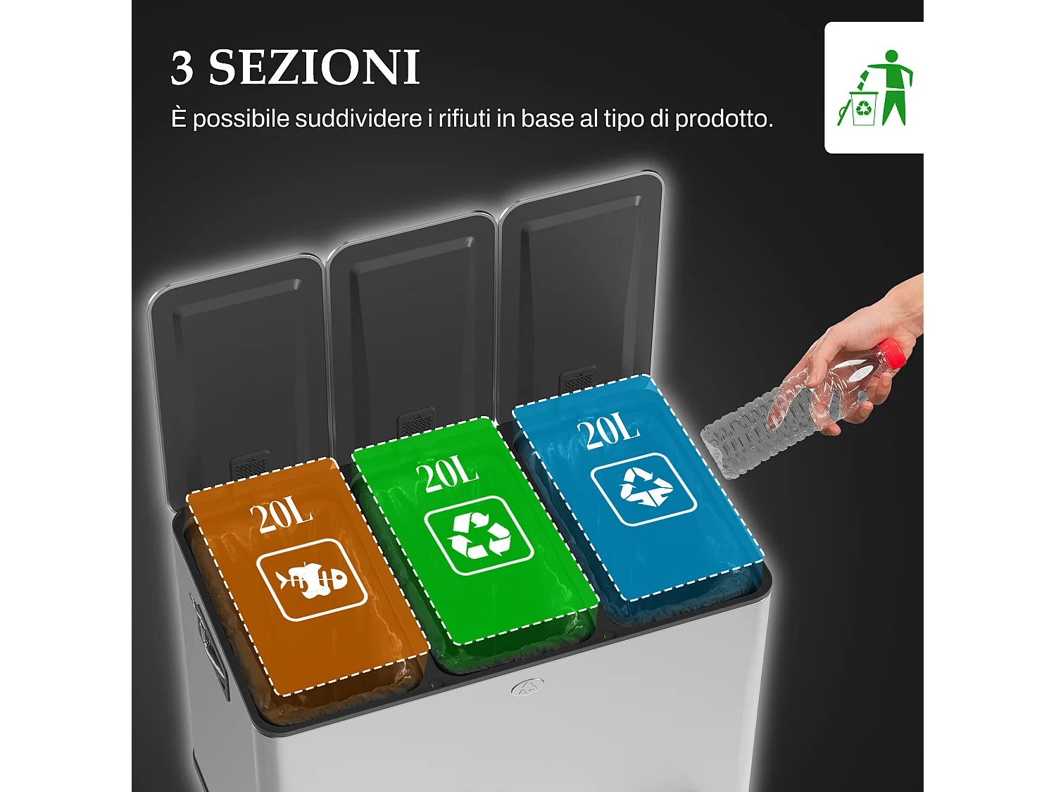 Bidone immondizia a 3 sezioni da 20l in acciaio e pp 61.9x36.6x56.7 cm