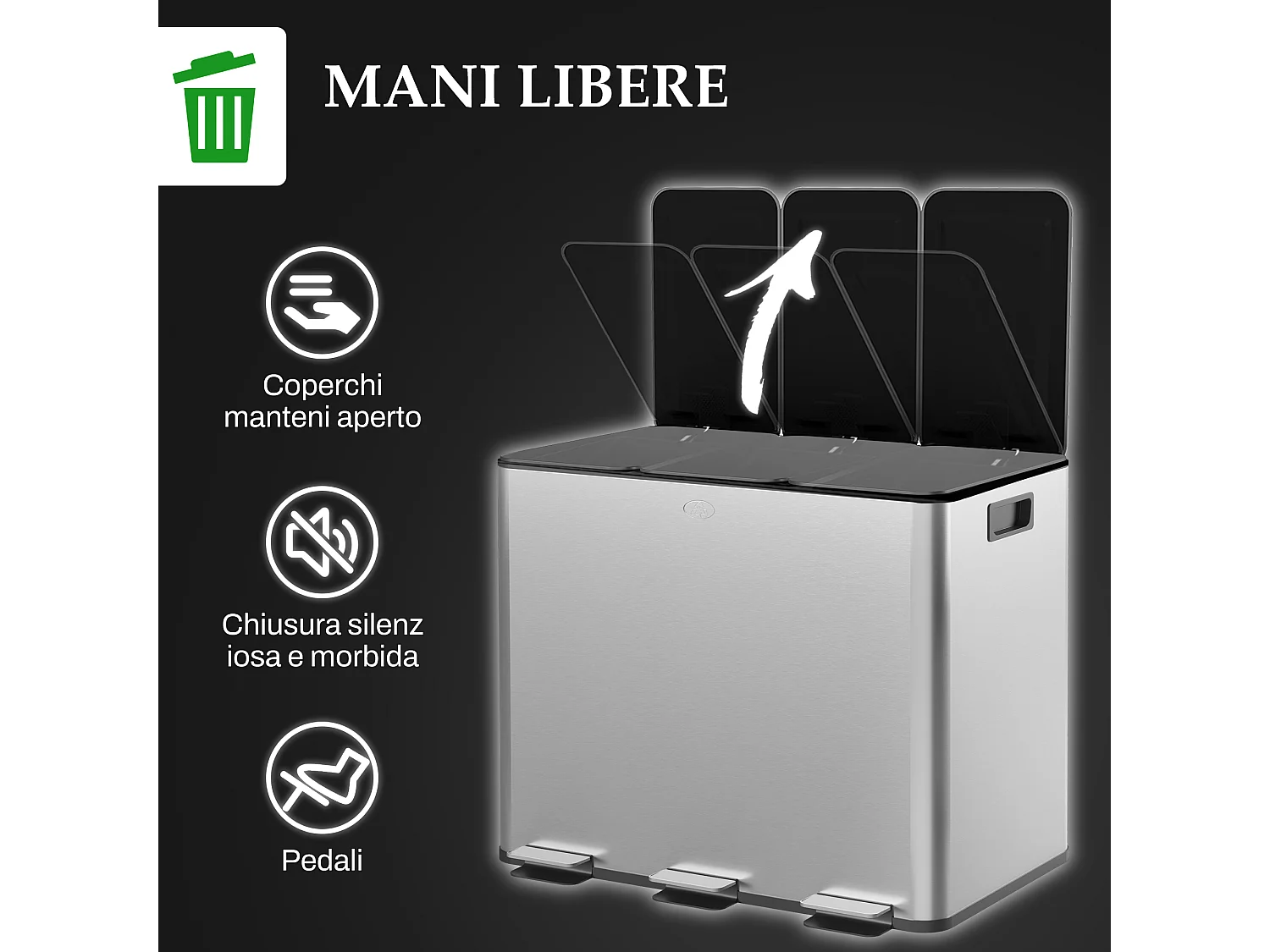 Bidone immondizia a 3 sezioni da 20l in acciaio e pp 61.9x36.6x56.7 cm