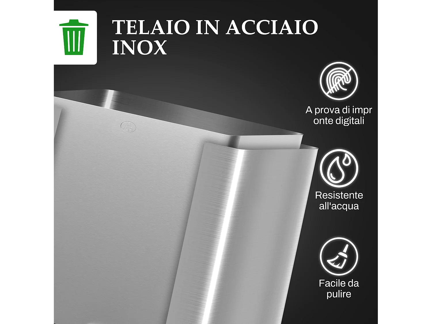 Bidone immondizia a 3 sezioni da 20l in acciaio e pp 61.9x36.6x56.7 cm