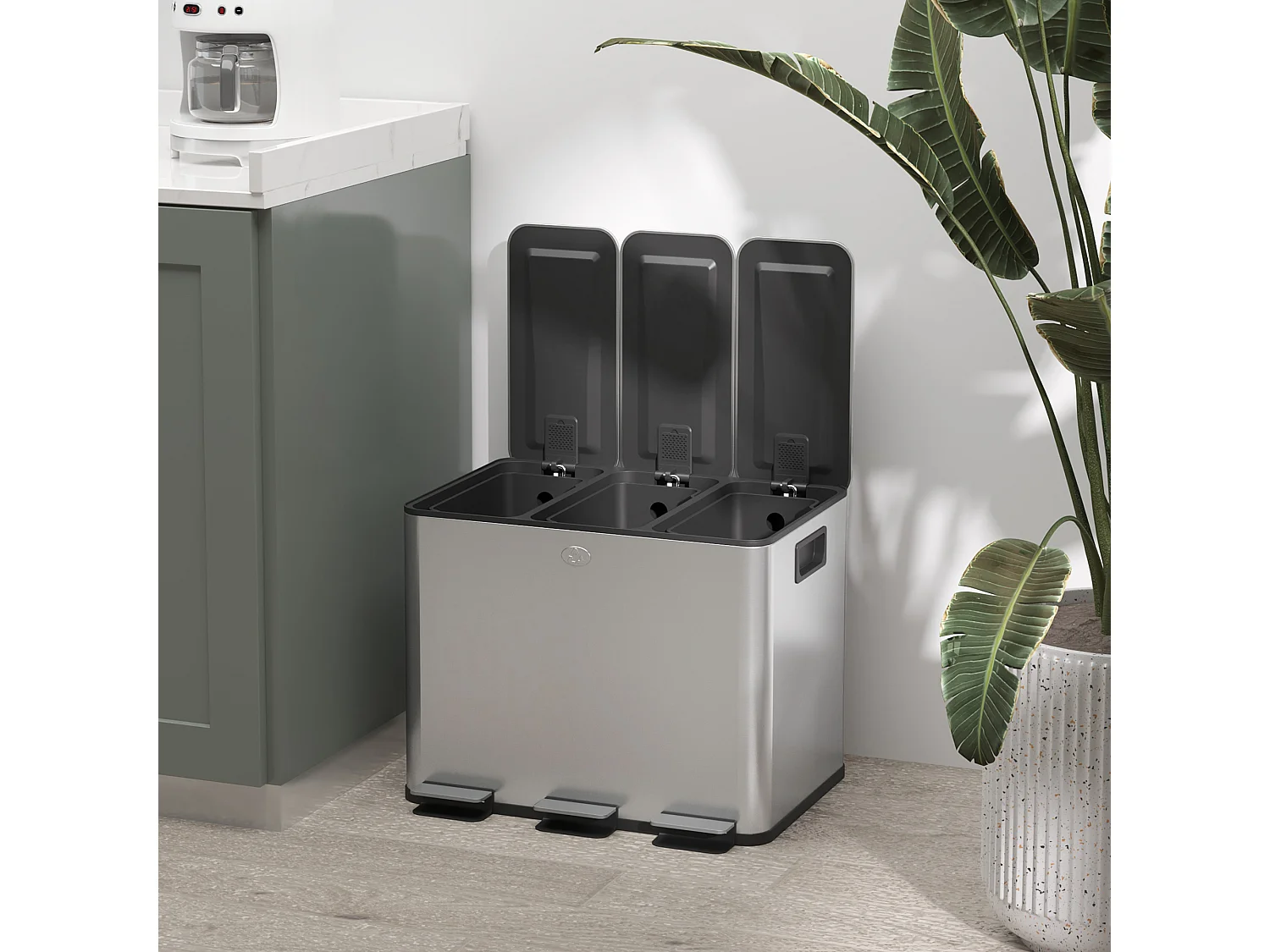 Bidone immondizia a 3 sezioni da 20l in acciaio e pp 61.9x36.6x56.7 cm