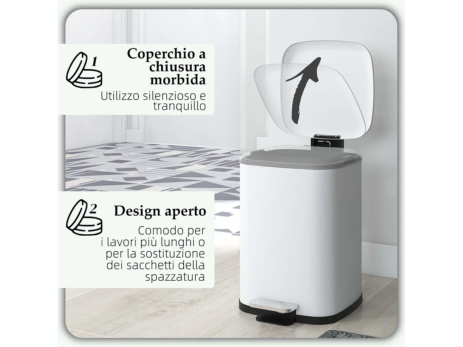 Bidone immondizia da 12l con chiusura silenziosa 24.5x32x34.5cm bianco