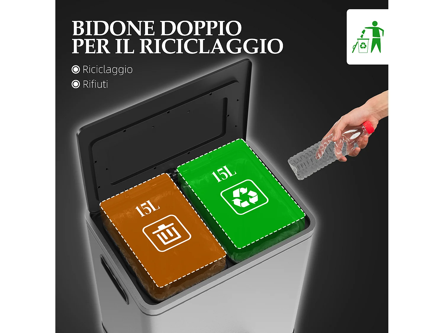 Bidone immondizia a 2 sezioni da 15l in acciaio e pp 40x34.8x47.5 cm