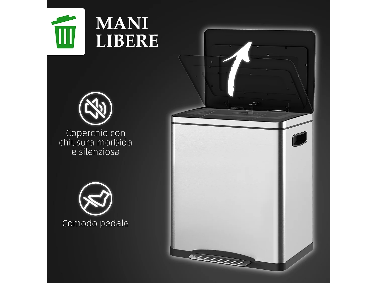 Bidone immondizia a 2 sezioni da 15l in acciaio e pp 40x34.8x47.5 cm