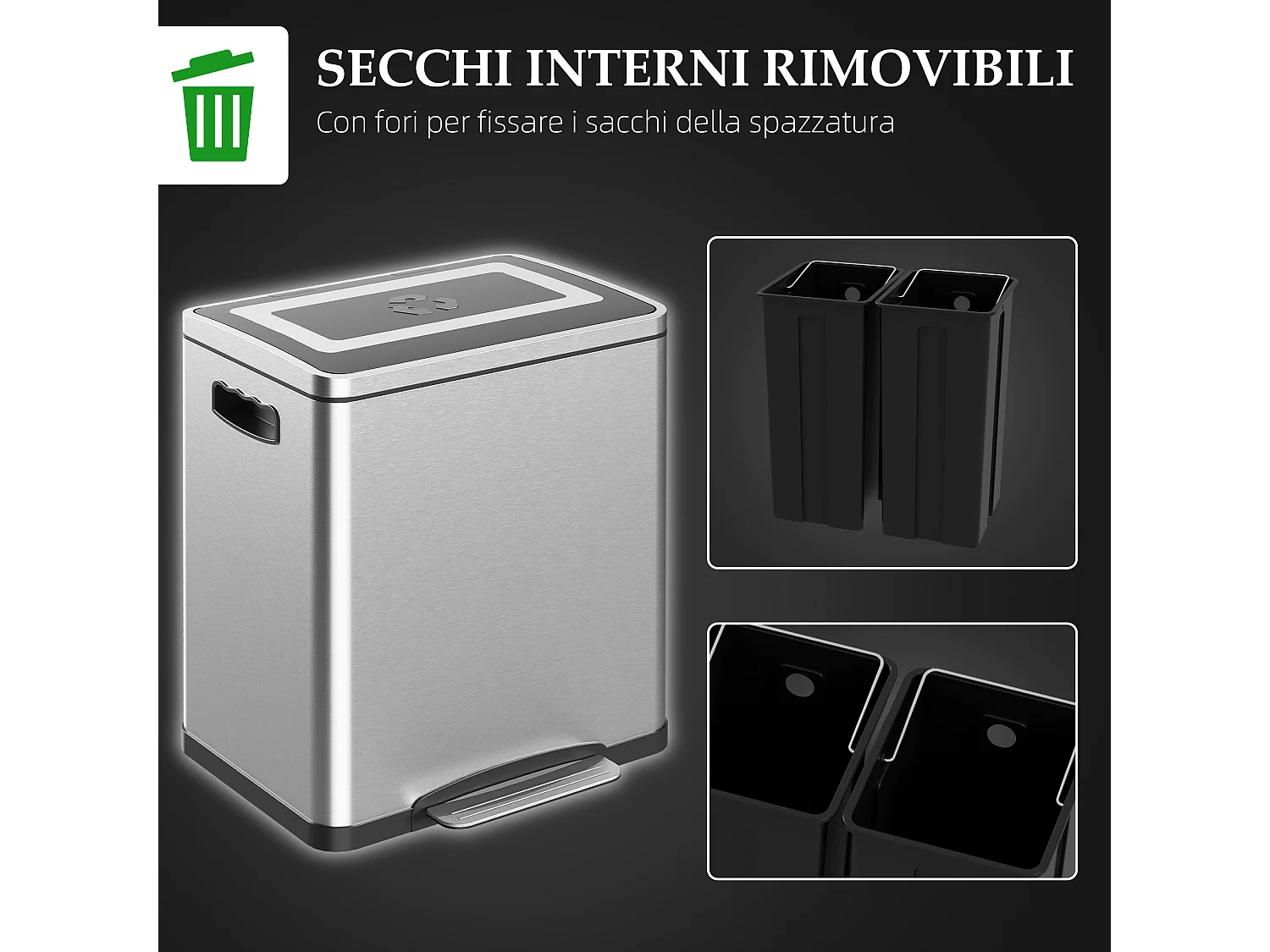Bidone immondizia a 2 sezioni da 15l in acciaio e pp 40x34.8x47.5 cm