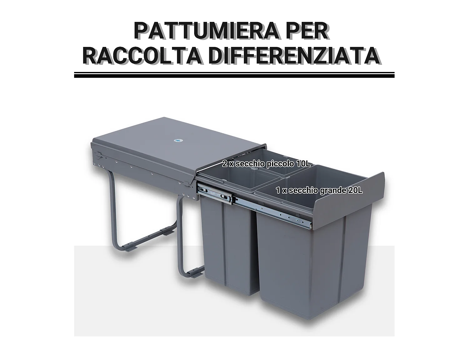 Pattumiera estraibile per cucina da 40l con 3 contenitori grigio