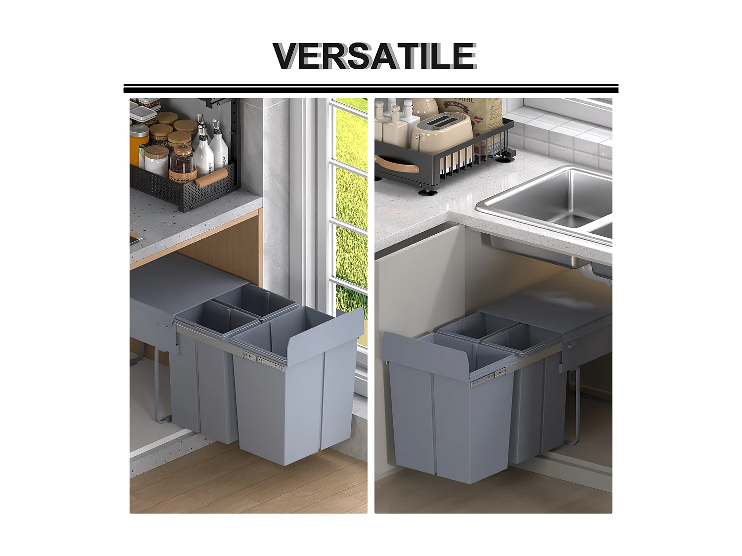 Pattumiera estraibile per cucina da 40l con 3 contenitori grigio