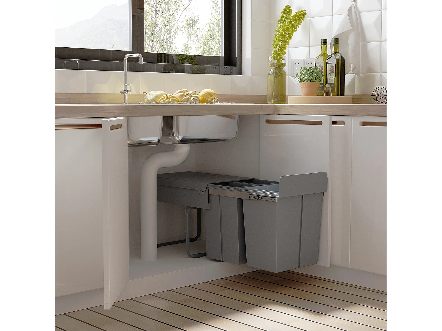 Pattumiera estraibile per cucina da 40l con 3 contenitori grigio