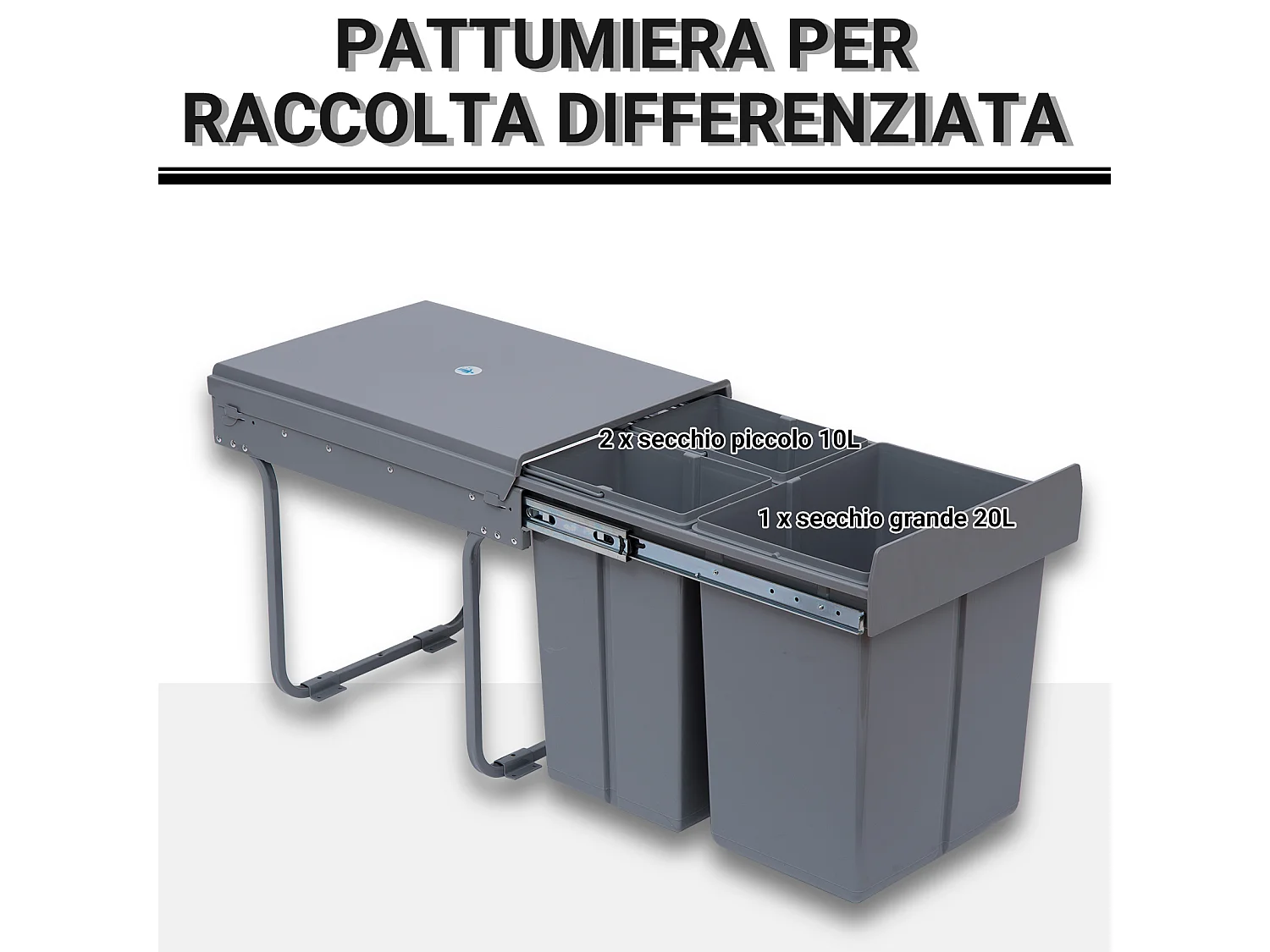 Pattumiera estraibile per cucina da 40l con 3 contenitori grigio