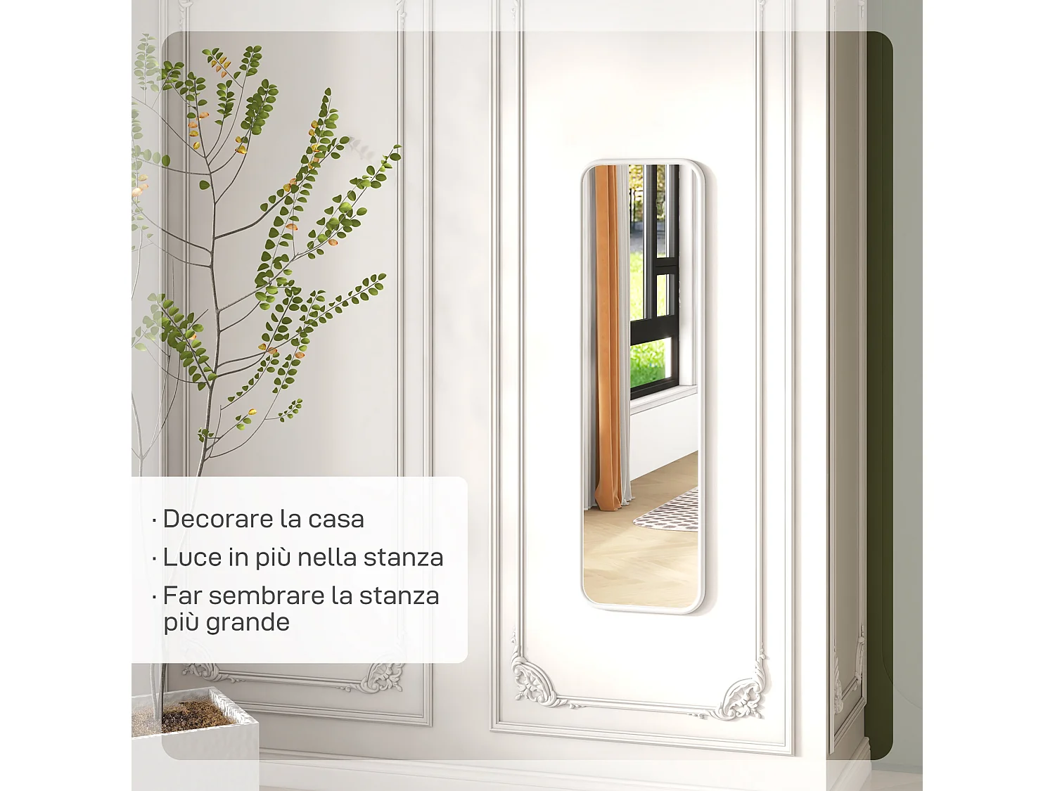 Specchio verticale moderno con bordi arrotondati in mdf e vetro bianco